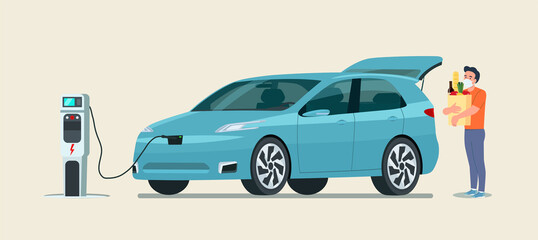 Man with face mask holding grocery bags next to the trunk of the electric car.  Vector flat style illustration.