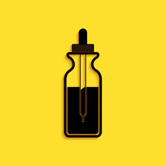 Black Glass bottle with a pipette. Vial with a pipette inside and lid icon isolated on yellow background. Container for medical and cosmetic product. Long shadow style. Vector.