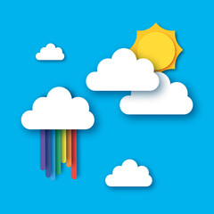 Sun and rainbow. Summer paper cut style. Sky cloud.