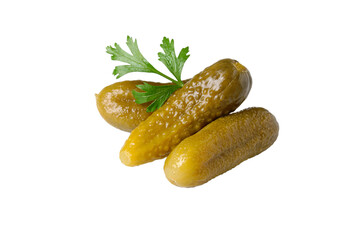 Delicious crunchy pickled cucumbers isolated. Gherkins with a sprig of parsley on a white background.