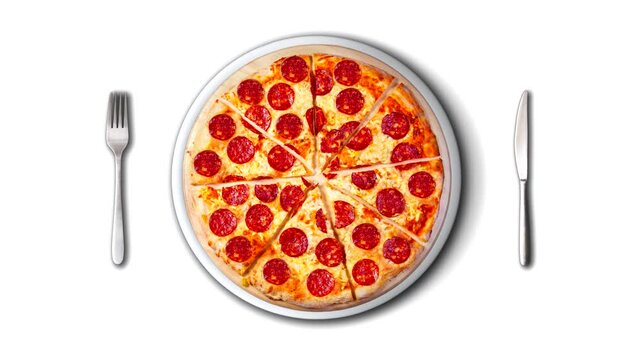 Image of pizza ready to eat on a white plate.