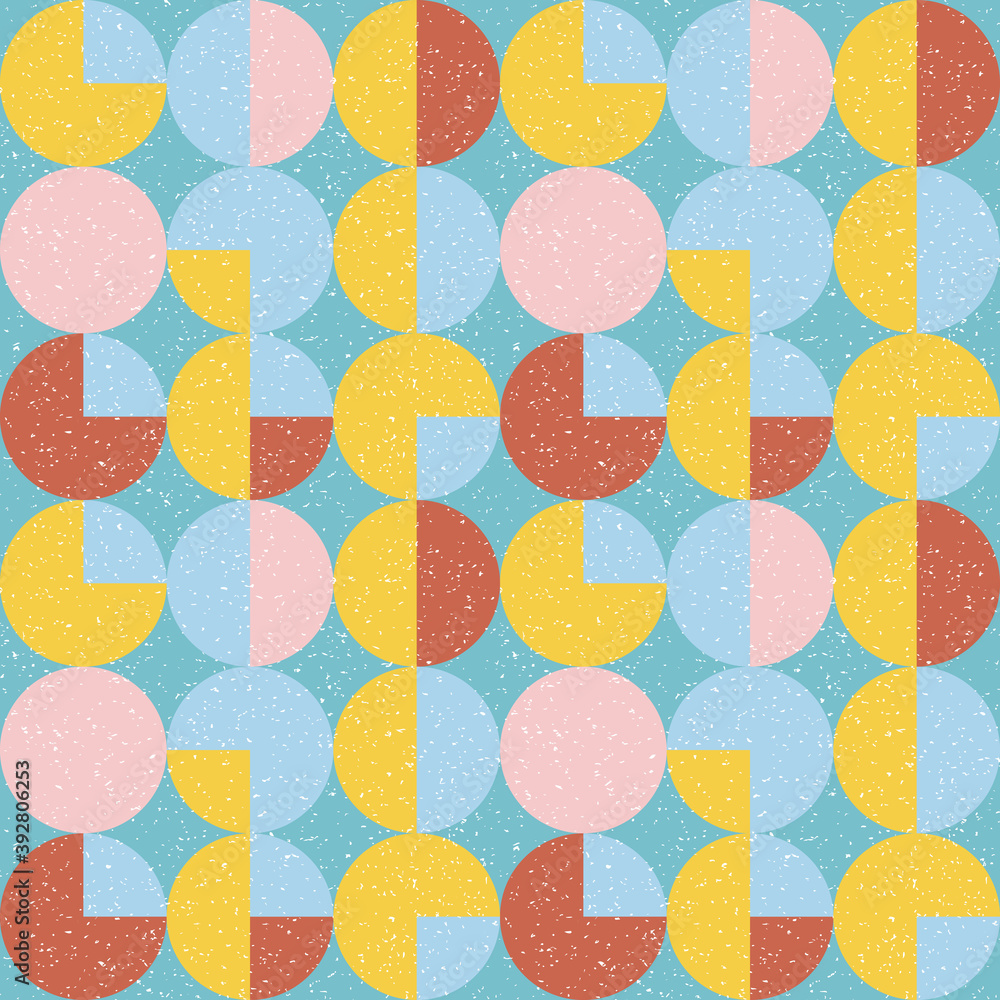Aufkleber Modern vector abstract seamless geometric pattern with semicircles and circles in retro scandinavian style. Pastel colored colorful shapes with worn out texture .