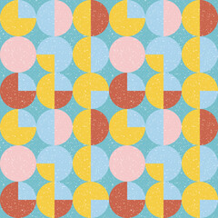 Modern vector abstract seamless geometric pattern with semicircles and circles in retro scandinavian style. Pastel colored colorful shapes with worn out texture .