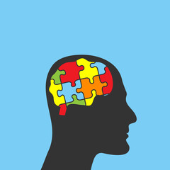 Silhouette of head man with puzzle pieces in the brain. Education, knowledge, psychology, memory, logic concept. Mental and brain illness. Isolated on blue background. Vector flat illustration.