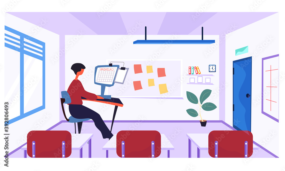 Poster online learning concept. teacher at the table makes a schedule for a month in empty class, with desk