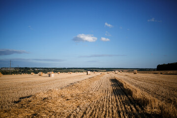 View of stubble meadows, valleys, and a couple of bales of hay. Mown field with hay. Nature in the village