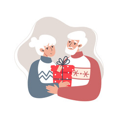 Grandpa and Grandma holding a gift, vector illustration in flat style