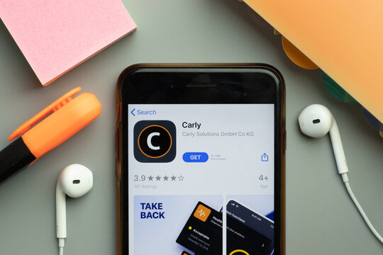 New York, United States - 7 November 2020: Carly app store logo on phone screen, Illustrative Editorial