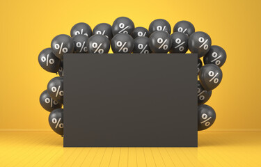 Black Friday. Illustrations for advertising. Many black balloons with percentages around a black blank board in a yellow room. 3d render illustration.