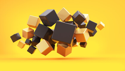 Black Friday. Abstraction from many black and gold flying cubes on a yellow background. 3d render illustration for advertising.