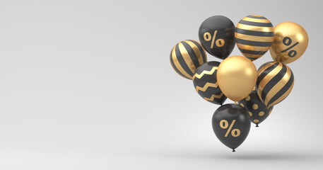 Illustration for advertising. Black Friday. Composition of black balloons with golden percent flying on a white background. 3d render illustration.