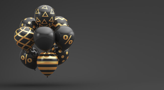 3d render illustration for advertising. Black balloons with golden percent, stripes and stars on a black background. Black Friday.