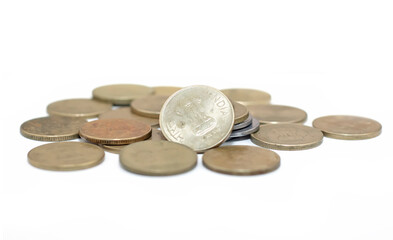 Collection of Indian currency coins. pop out five rupees coin. Highlighted Indian 5 rupee coin.