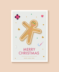 Christmas party poster template design. Xmas flyer in abstract realistic 3d style. Winter holiday event entrance ticket layout. Vector illustration.