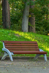 Wooden bench for rest in the park in summer. Close-up, selective focus, blur