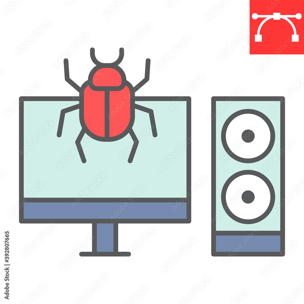 Aufkleber infected computer color line icon, security and pc virus, computer virus attack sign vector graphics