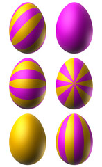 Set of pink and yellow easter eggs with different patterns. 3D illustration.