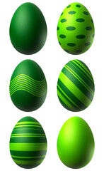 Set of green easter eggs with different patterns. 3D illustration.