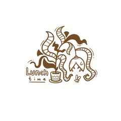 Card with Venus flytrap. Lunch time print. Comic drawing of  predatory flower. Vector doodle image.