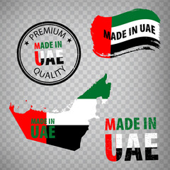 Made in UAE rubber stamps icon isolated on transparent background. Manufactured or Produced in  United Arab Emirates.  Map of  UAE. Set of grunge rubber stamps for your design. EPS10.