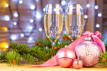 Christmas table with glasses of champagne.