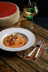Spelt Pumpkin Mushroom Risotto on Grey Background, Tasty Vegetarian Meal