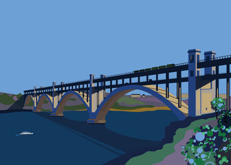 City landscape. Bridge over the river. Idea for a poster or painting for an interior in a cafe.