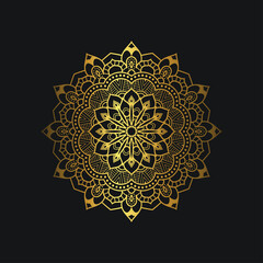 Luxury mandala design with golden color. Deluxe golden floral ornament on black background. Suitable for graphic resources, wedding invitation, business card, wallpaper.