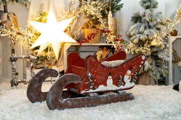 Christmas Sleigh Decoration with Illuminated Star in the Background