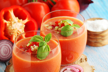 Cold Spanish soup Gazpacho served in glasses