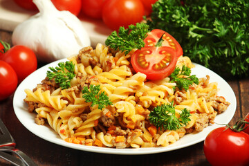 Fusilli pasta with meat and vegetables