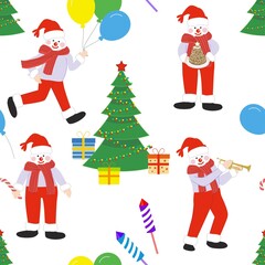 Seamless pattern with christmas tree and cute snowmen vector illustration