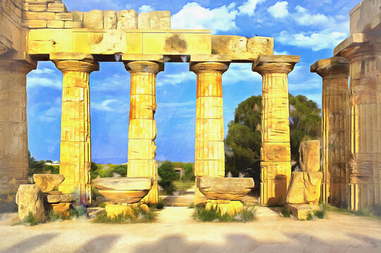 View on ancient temple in Selinunte, Sicily, colorful painting looks like picture.