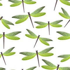 Dragonfly bright seamless pattern. Repeating clothes fabric print with darning-needle insects. 