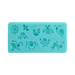 Blue silicone form isolated on white background. Silicone mold, bakeware. Top view, flat lay