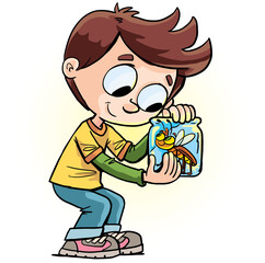 little boy holds a jar with a glowing insect