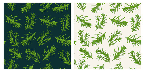 Green rosemary branche seamless herbs pattern. Colorful sketch cartoon doodle style.