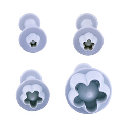 Plastic cutter for mastic with flower isolated on white background. Mold, bakeware. Top view, flat...