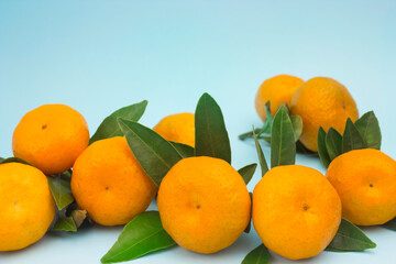 A photo of ripe tangerines with green leaves on turquoise background. - 392811870