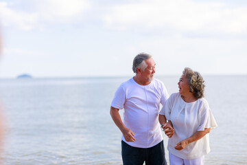 Asian senior love couple travel relaxing on the beach. Retirement and recreation on summer holiday.