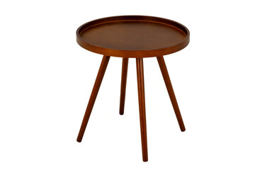 small round brown table on four legs on a white background