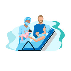 A pregnant woman gives birth to a baby in the hospital. Partner childbirth. Thanks to the doctors and nurses. Vector illustration isolated on white background.