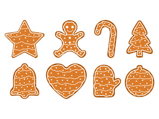 Gingerbread cookies icon set. Christmas cute food symbols. Vector illustration isolated on white.