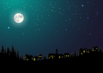 Obraz na płótnie Canvas vector illustration of a night city.Vintage town at night.Night sky with moon with house silhouettes.Silhouette of the city and night sky with stars and moon.Vector EPS 10.