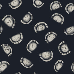 Seamless texture of watermelon. Hand drawn sketch painting on deep blue background.