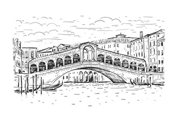 Hand drawn sketch vector illustration of Venice, Italy. Drawing of Bridge Rialto, Grand canal, houses and gondola isolated on white. Black line isolated on white. © GaliChe