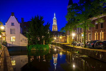 Fototapeta premium Amersfoort city historic architecture on old street and bridge at night