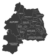 Black wards map of Amber Valley district in East Midlands England UK with labels