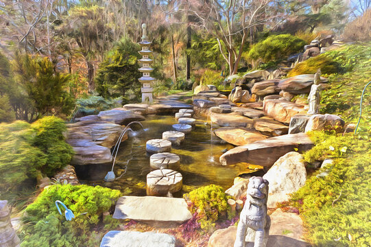 Oriental garden colorful painting looks like picture