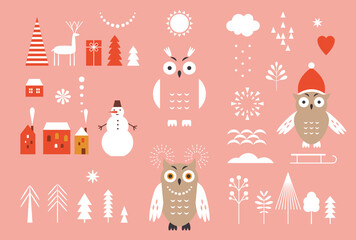 Set of graphic elements for Christmas cards. Owl, Trees, snowflakes, stylized gift boxes, winter houses, design elements	
